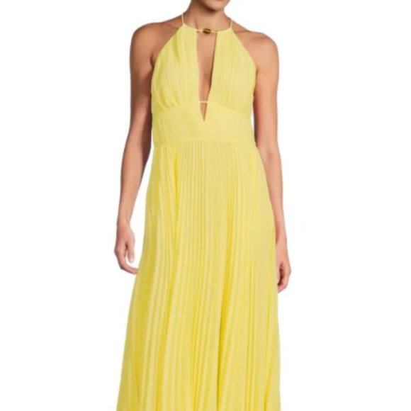 JOHNATHAN SIMKHAI CARLI PLISSE HALTER LIMONCELLO COLOR MIDI DRESS sz 8 - Picture 5 of 6